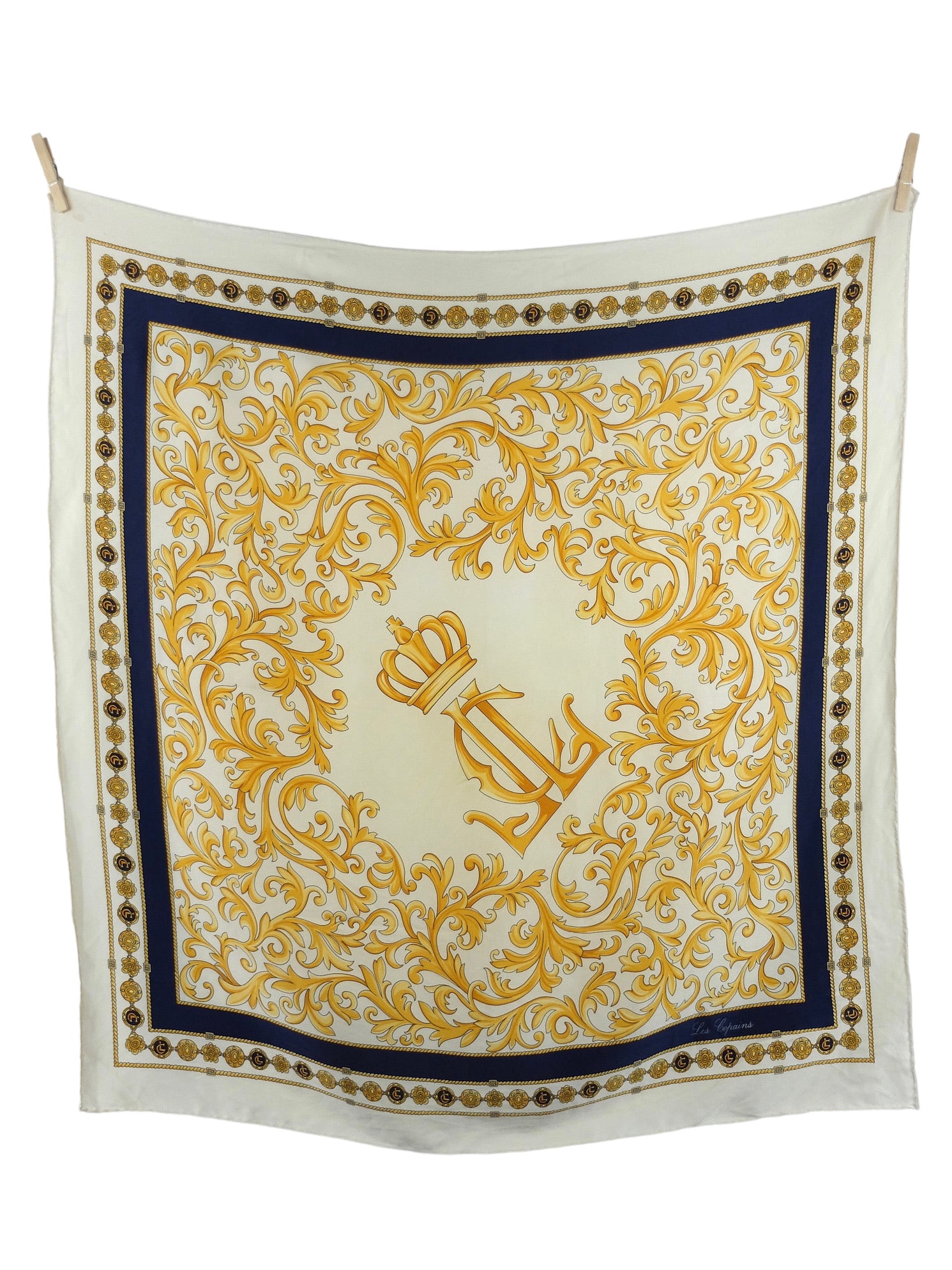 Vintage 90s Silk Avant-Garde Chic Baroque Patterned Gold White & Navy Blue Abstract Square Bandana Neck Tie Scarf