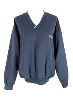 Vintage 90s Men's Utilitarian Outerwear Athletic Style Dark Navy Blue V-Neck Pullover Windbreaker Shell Jacket | Men’s Size L