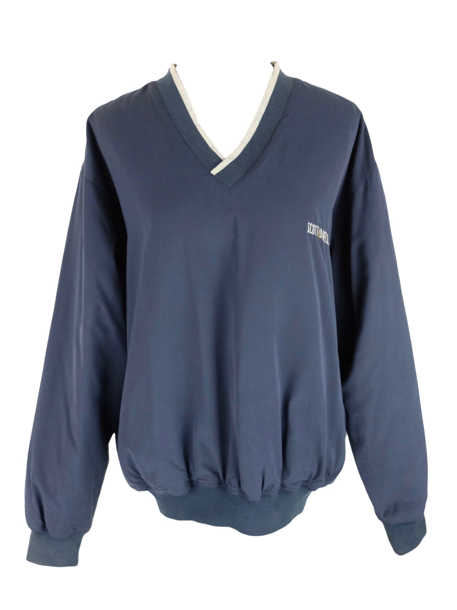 Vintage 90s Men's Utilitarian Outerwear Athletic Style Dark Navy Blue V-Neck Pullover Windbreaker Shell Jacket | Men’s Size L