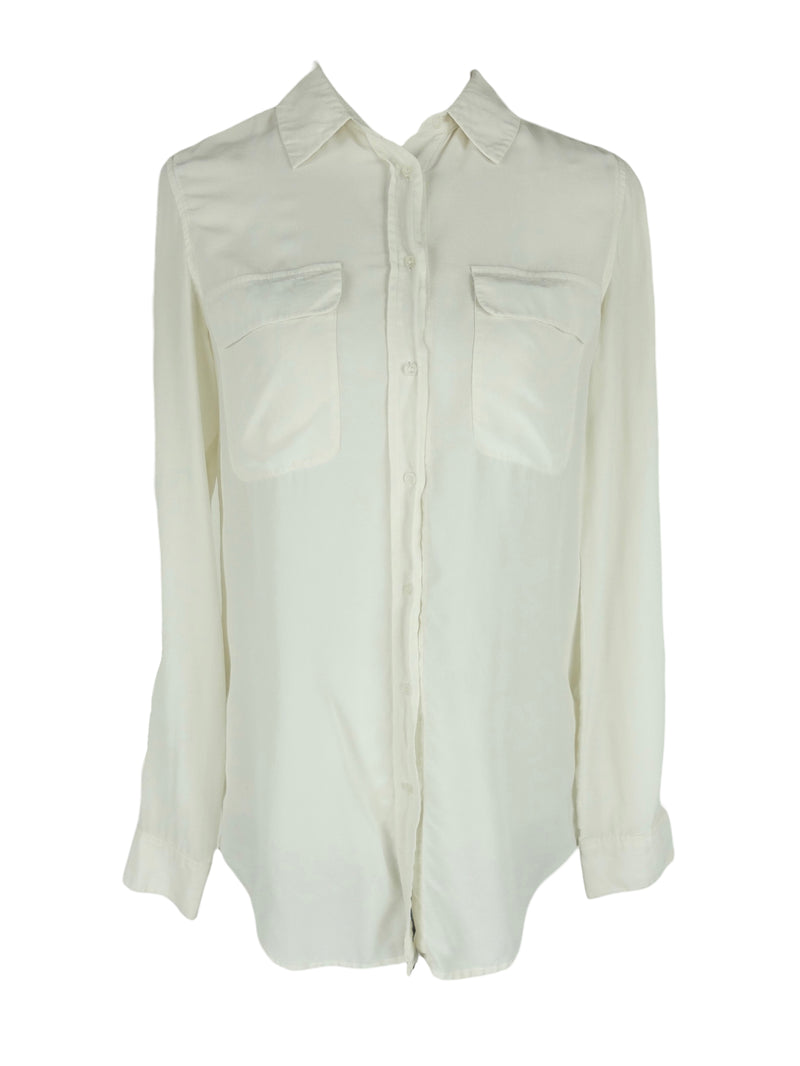 Vintage 2000s Silk Minimalist Chic Cream Collared Long Sleeve Button Up Blouse | Size S-M