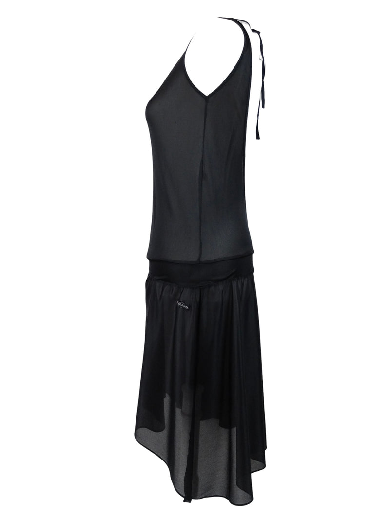 Vintage 2000s Y2K Balletcore Black Sleeveless Sheer Open Back Halter Drop Waist Midi Circle Dress