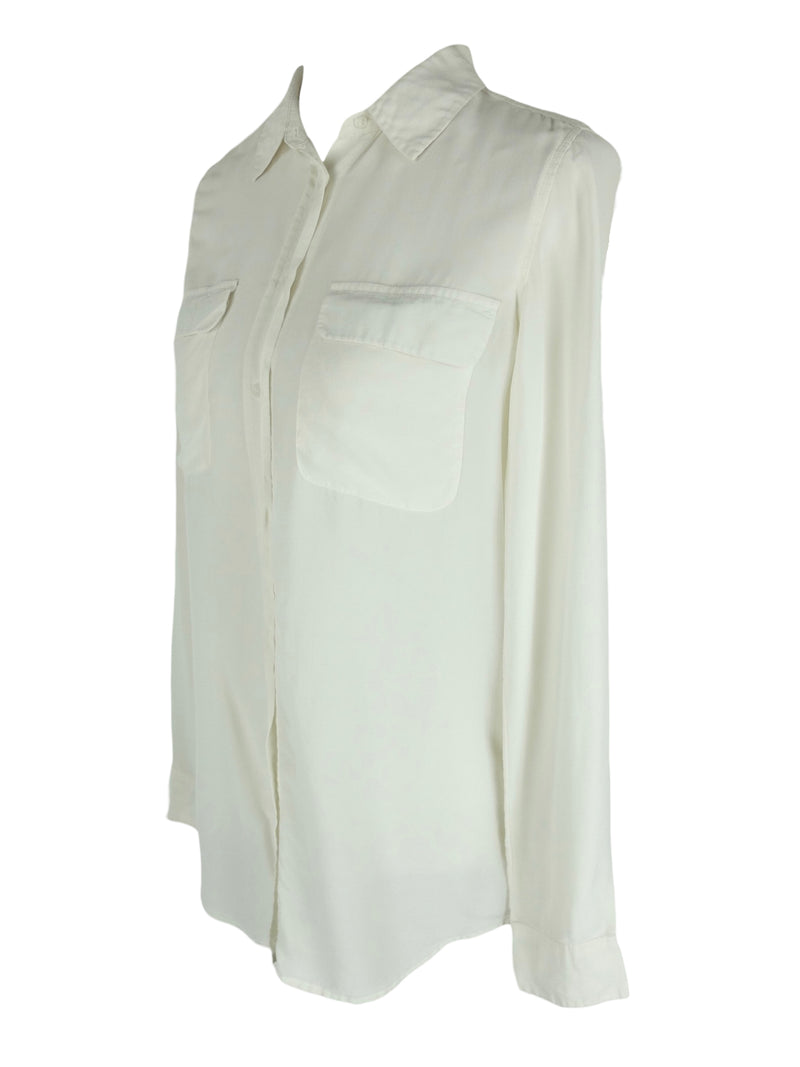 Vintage 2000s Silk Minimalist Chic Cream Collared Long Sleeve Button Up Blouse | Size S-M