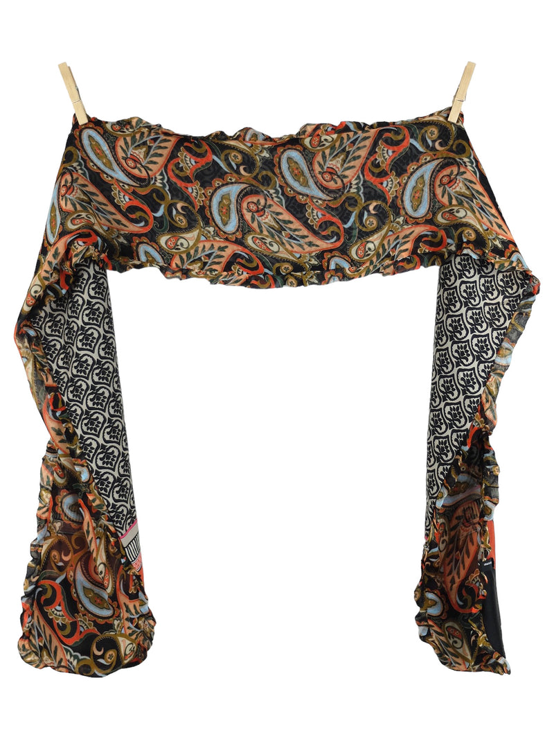 Vintage 2000s Y2K Cottage Prairie Style Ruffled Reversible Paisley & Abstract Patterned Thin Long Neck Tie Scarf