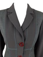Vintage 2000s Y2K Mod Chic Brown Collared Button Down Fitted Blazer Jacket with Blue Embroidery Detail