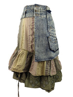 Vintage 2000s Y2K Subversive Bohemian Hippie Asymmetrical Denim Ruffled Layered Midi Skirt | 36 Inch Waist