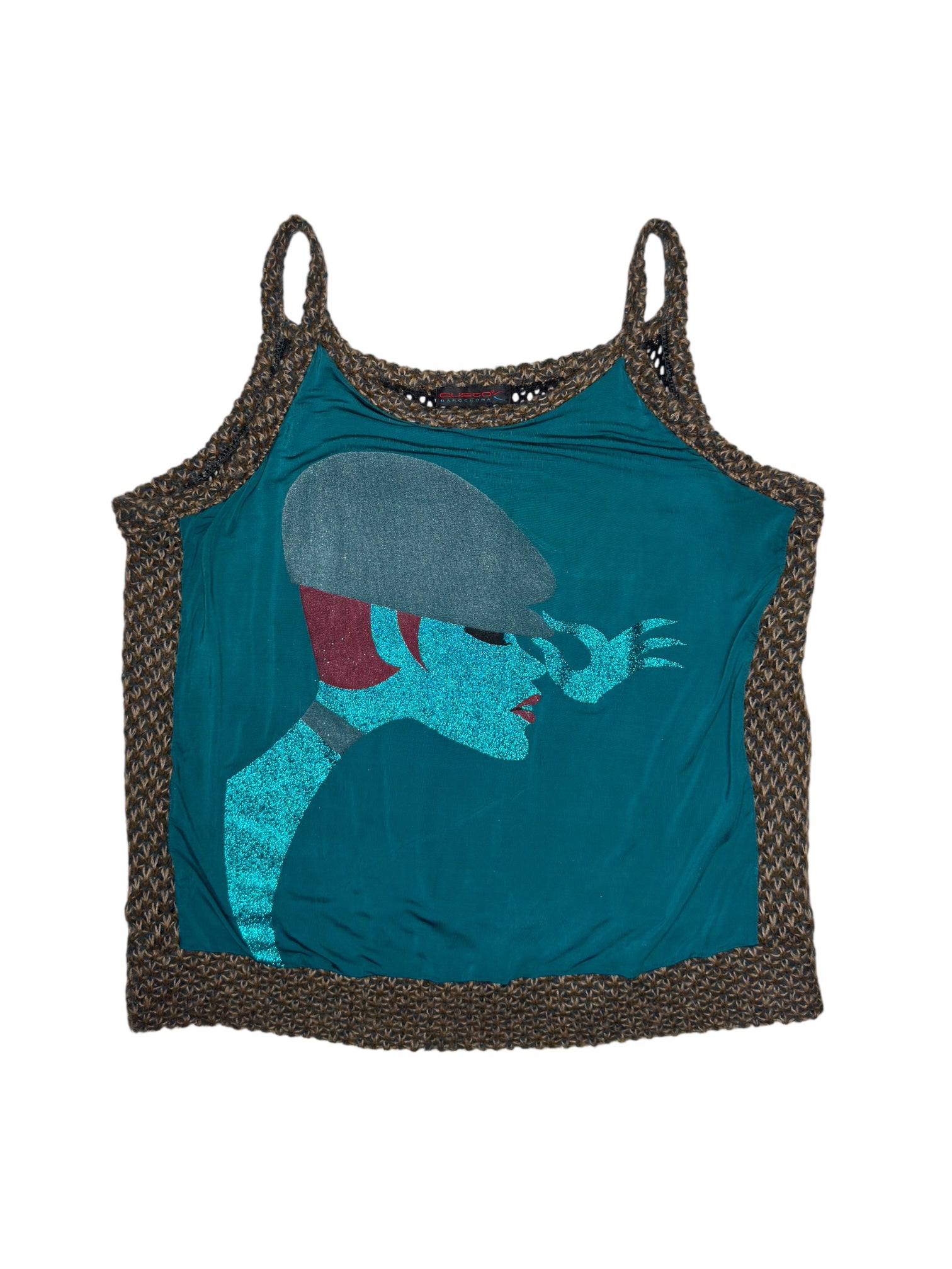 Vintage 2000s CUSTO BARCELONA Blue & Brown Mesh Knit Sparkle Graphic Tank Top| Size M-L