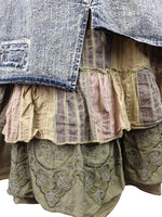 Vintage 2000s Y2K Subversive Bohemian Hippie Asymmetrical Denim Ruffled Layered Midi Skirt | 36 Inch Waist