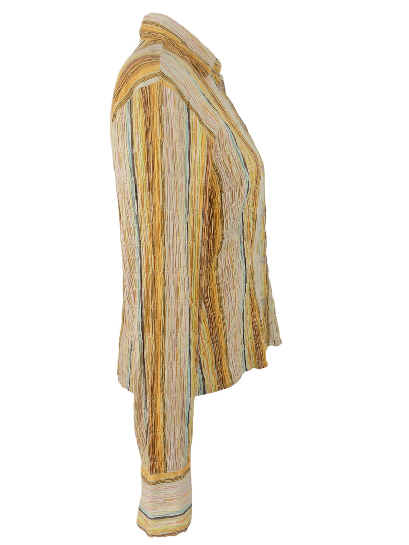 Vintage 2000s Y2K Yellow Striped Long Sleeve Collared Crinkle Button Up Shirt