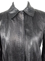 Vintage 2000s Y2K Soft Grunge Gothic Moto Rocker Style Black Snakeskin Collared Zip Up Leather Jacket with Drawstring Detail