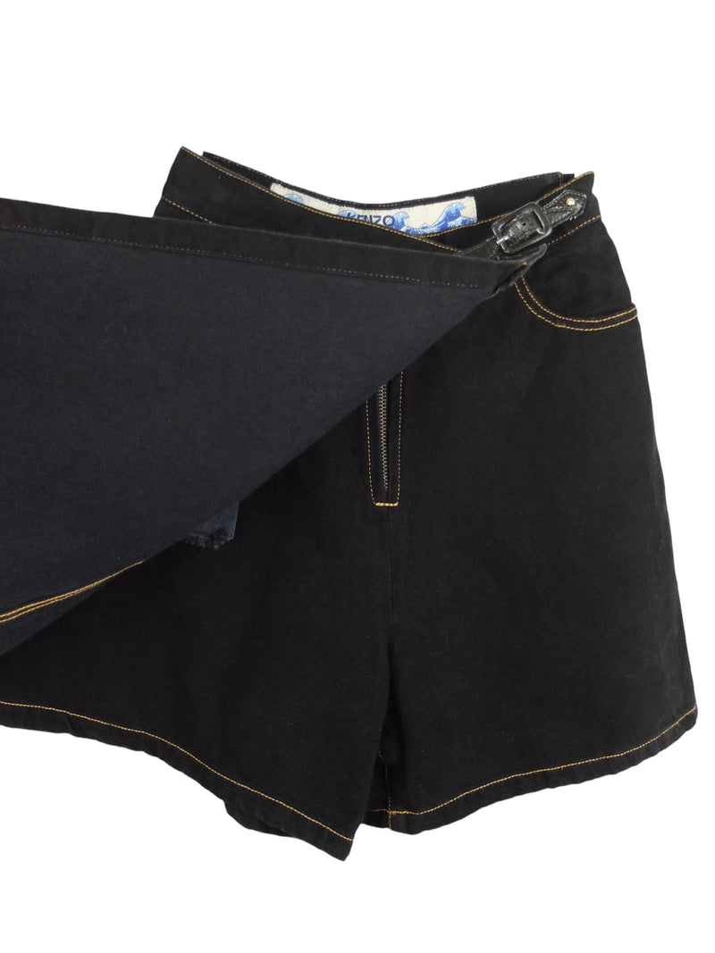 Vintage 2000s Y2K Kenzo Subversive Black Denim Contrast Stitch High Waisted Mini Wrap Skort Shorts Skirt | 25 Inch Waist