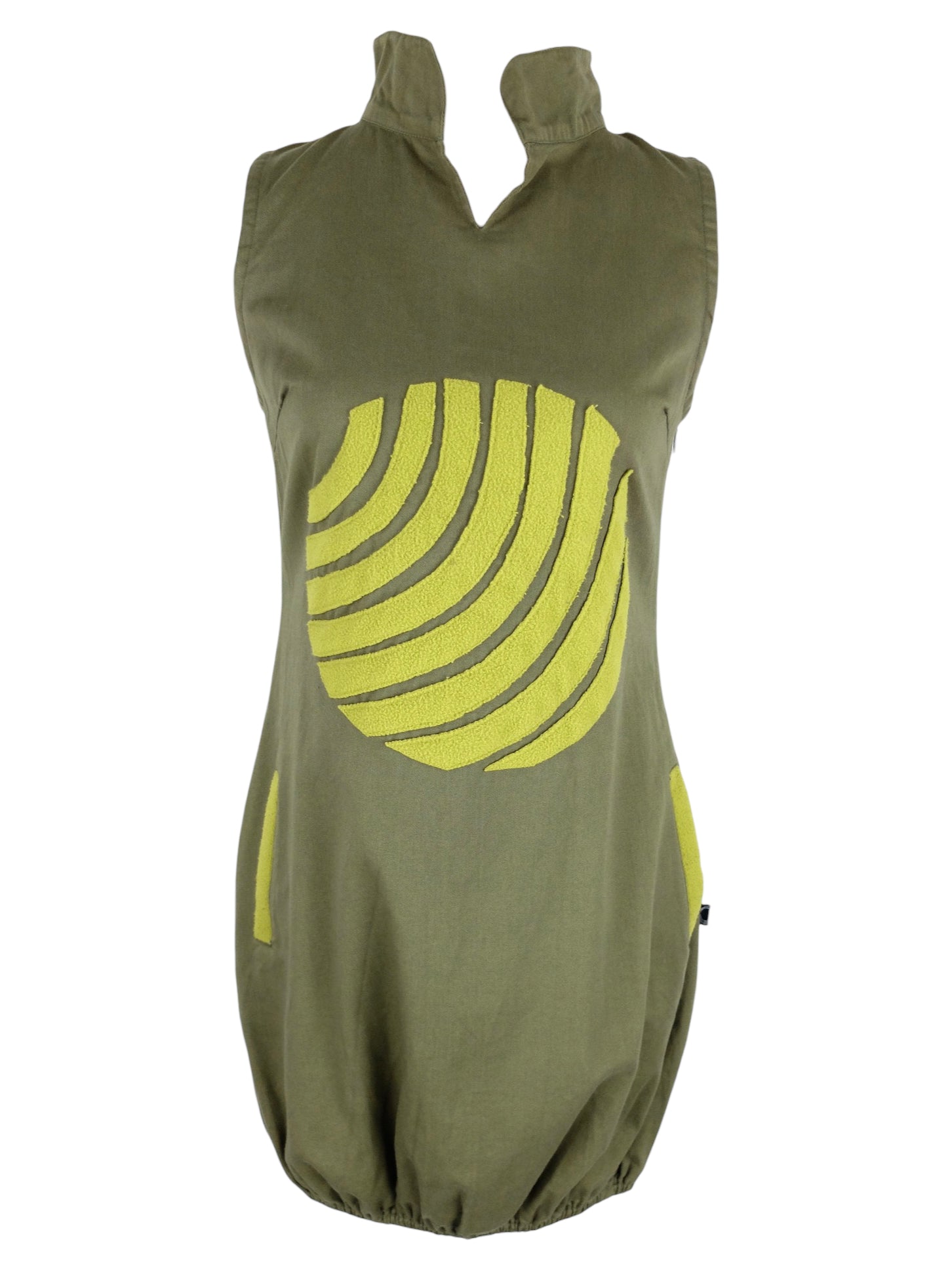 Vintage 2000s Y2K Cyber Subversive Soft Grunge Op-Art Geometric Patchwork Green V-Neck Mockneck Sleeveless Tank Midi Parachute Dress with Cinched Hem | Size S