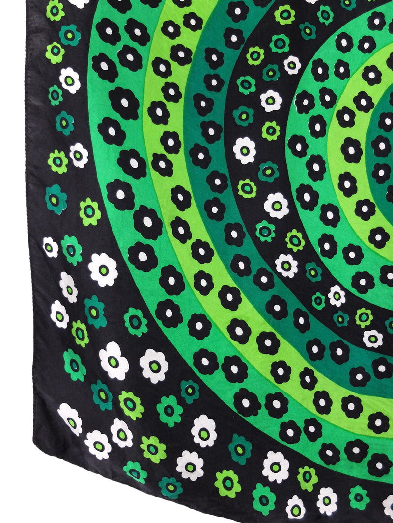 Vintage 60s Silk Mod Psychedelic Green & Black Bright Abstract Floral Patterned Square Bandana Neck Tie Scarf