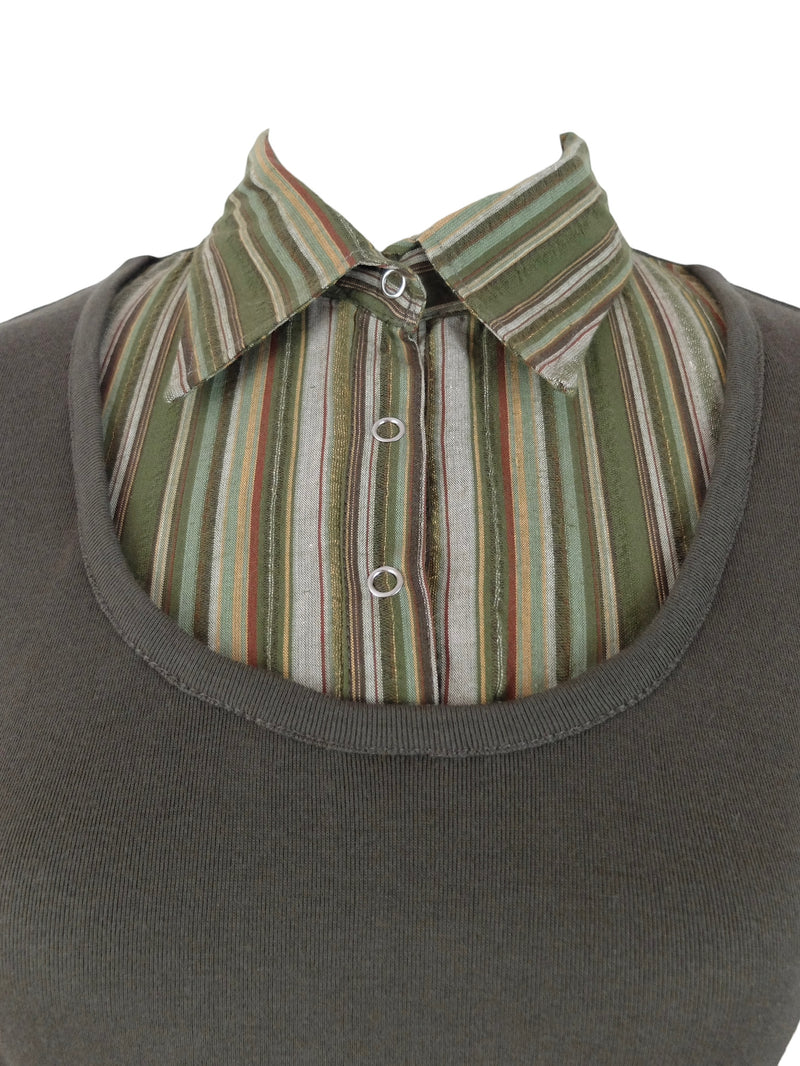 Vintage 2000s Y2K Preppy Academia Brown & Green Layered Striped Collared Long Sleeve Shirt with Cuff Detail