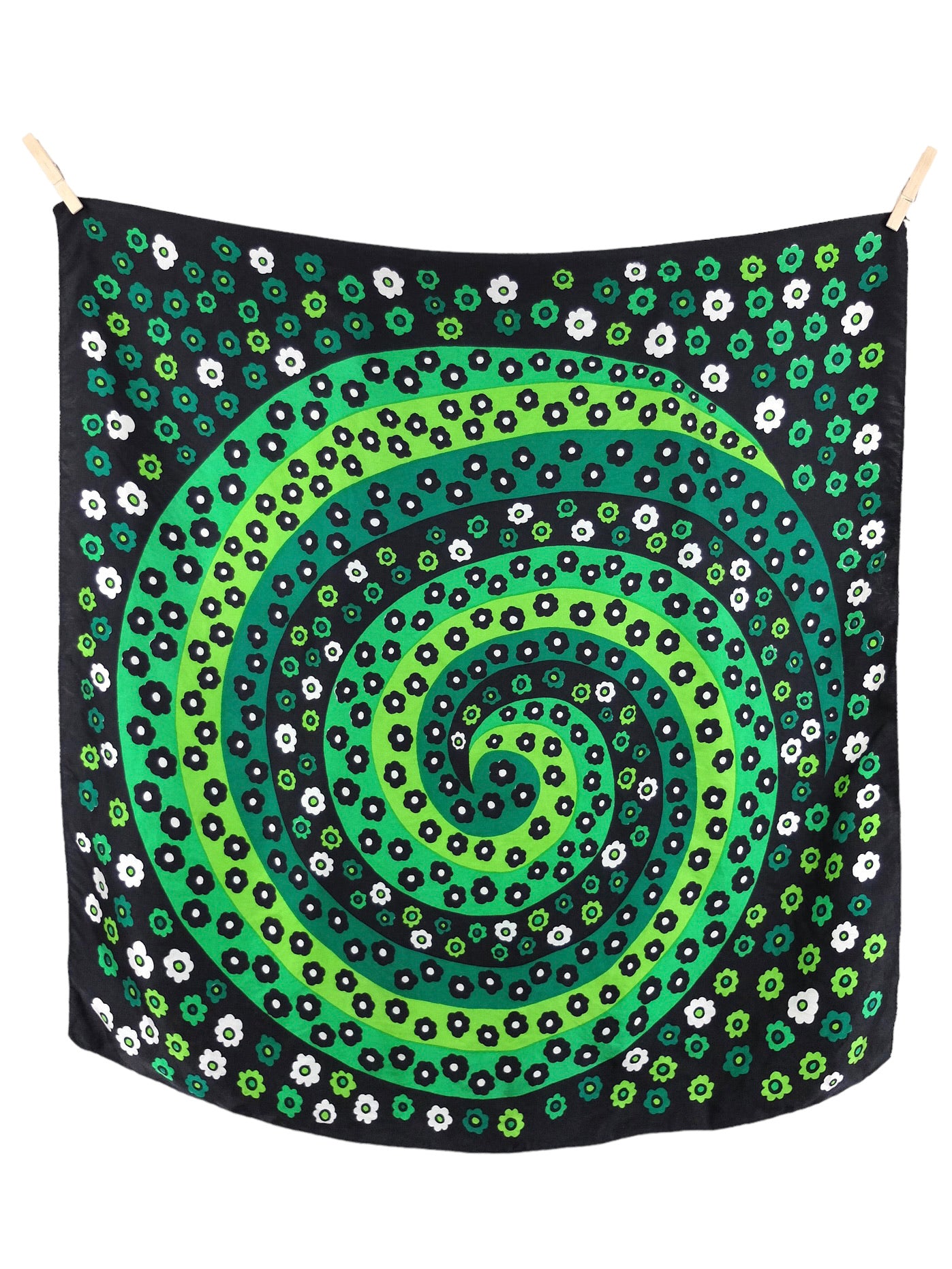 Vintage 60s Silk Mod Psychedelic Green & Black Bright Abstract Floral Patterned Square Bandana Neck Tie Scarf