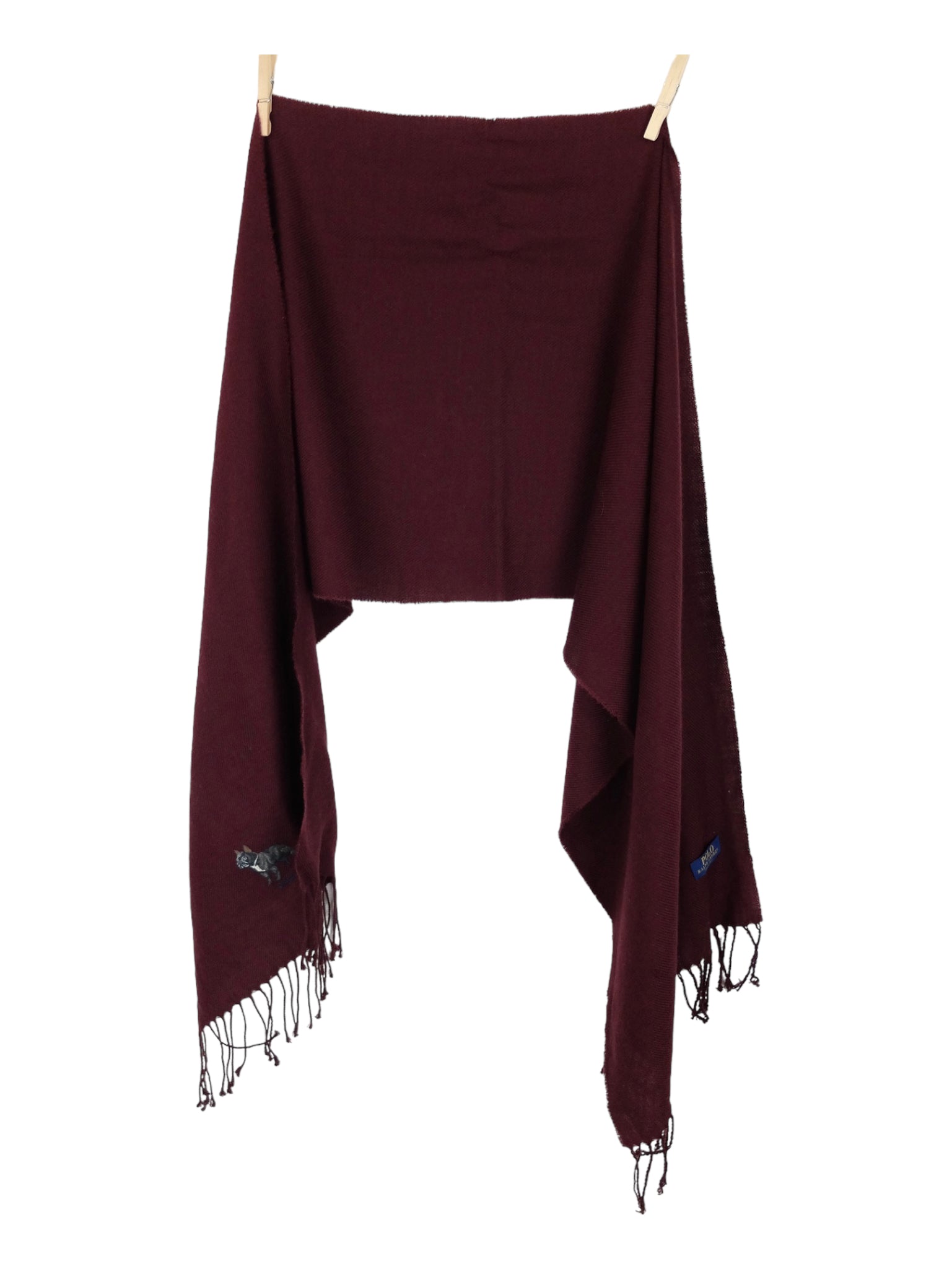 Vintage 90s Polo Ralph Lauren Wool Blend Bohemian Preppy Chic Maroon Burgundy Red Long Wide Shawl Wrap Winter Scarf with Bulldog Embroidery