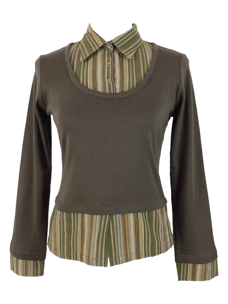 Vintage 2000s Y2K Preppy Academia Brown & Green Layered Striped Collared Long Sleeve Shirt with Cuff Detail