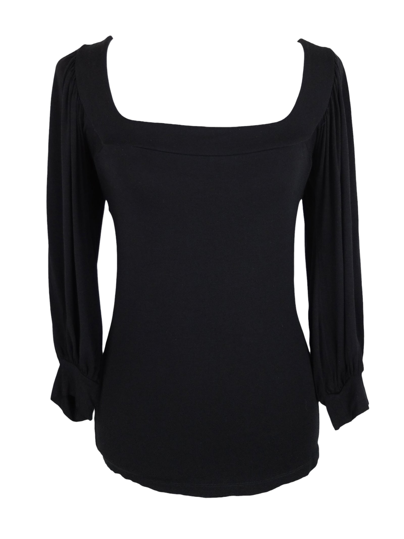 Vintage 2000s Y2K Sportmax Chic Minimalist Black Solid Basic Square Bandana Neck Tie Scarf Scoop Neck Long Sleeve Pullover Blouse with Draped Sleeves | Size S