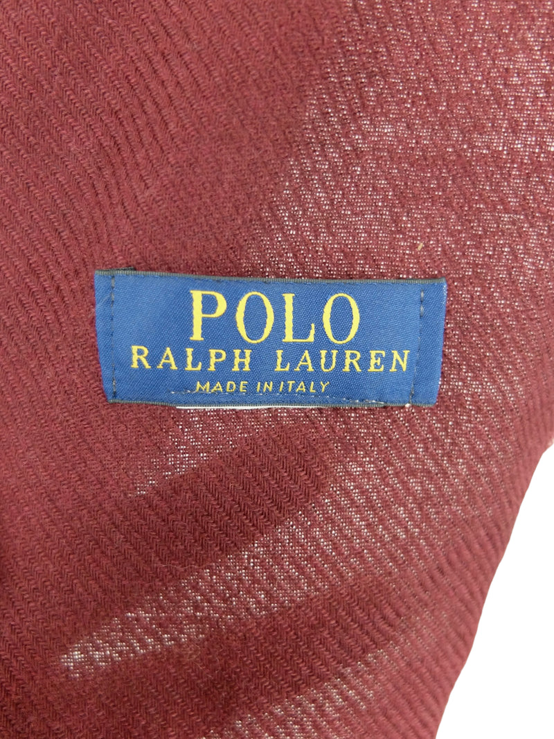 Vintage 90s Polo Ralph Lauren Wool Blend Bohemian Preppy Chic Maroon Burgundy Red Long Wide Shawl Wrap Winter Scarf with Bulldog Embroidery
