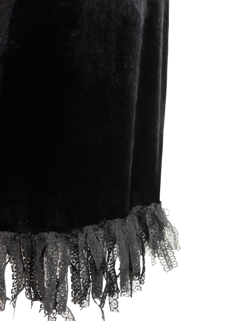 Vintage 90s Y2K Soft Grunge Gothic Formal Black Velvet One Shoulder Asymmetrical Fitted Knee Length Mini Midi Dress with Lace Ribbon Fringe Hem | Size Vintage 90s Y2K Soft Grunge Gothic Formal Black Velvet One Shoulder Asymmetrical Fitted Knee Length Mini Midi Dress with Lace Ribbon Fringe Hem | Size