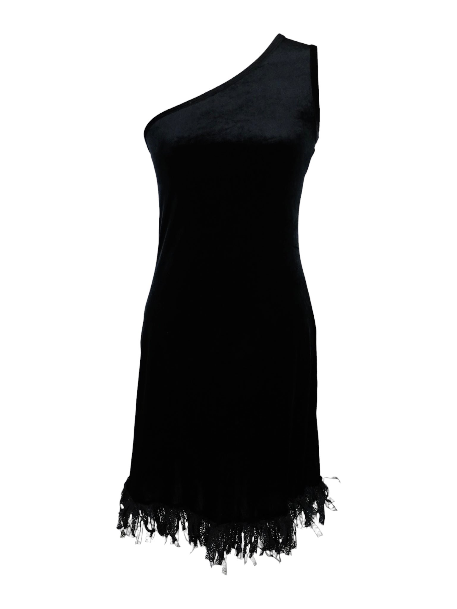 Vintage 90s Y2K Soft Grunge Gothic Formal Black Velvet One Shoulder Asymmetrical Fitted Knee Length Mini Midi Dress with Lace Ribbon Fringe Hem | Size S