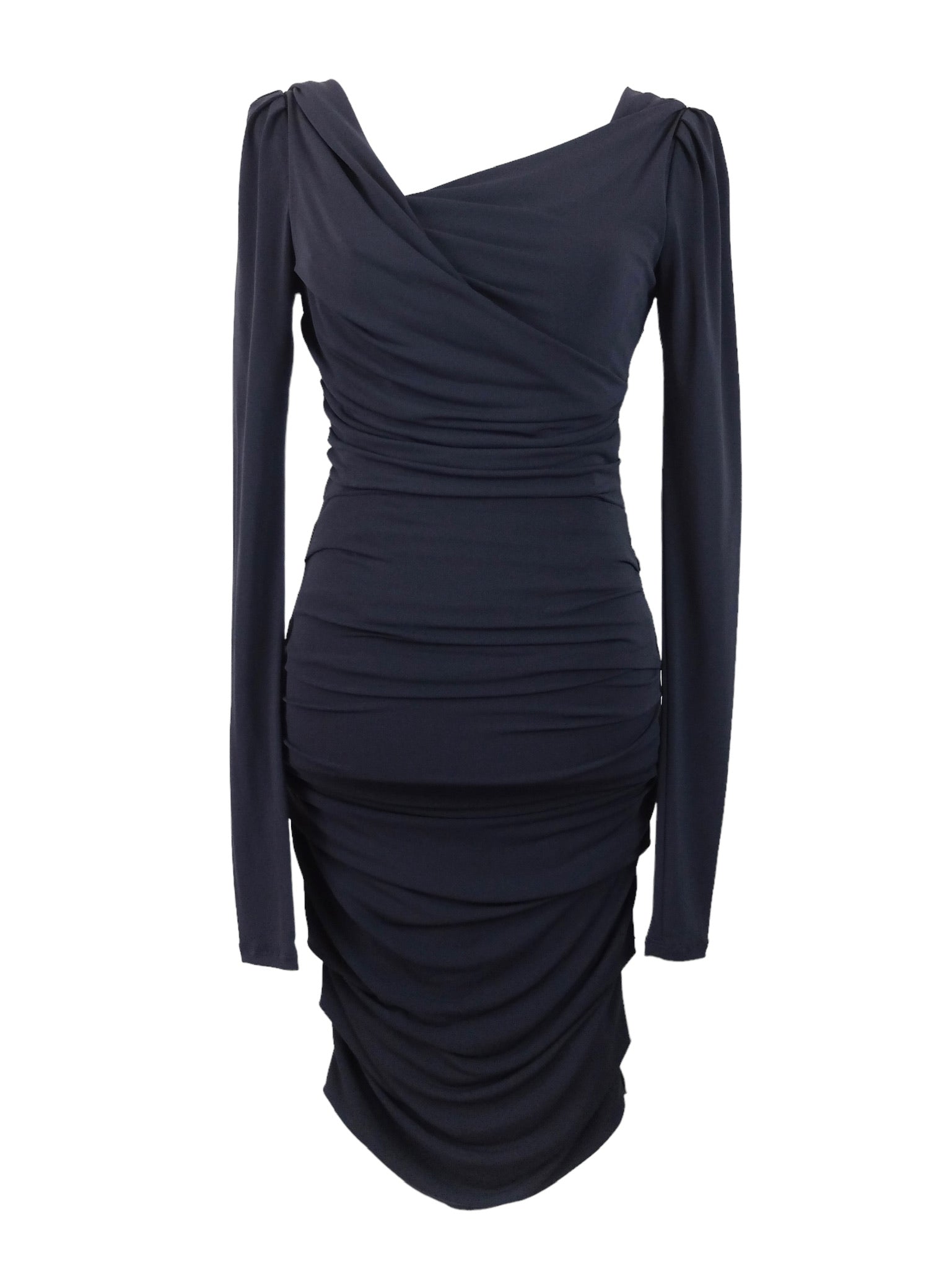 Vintage 2000s Y2K Sportstaff Navy Blue Fitted Bodycon Mesh Midi Pencil V-Neck Gathered Wrap Dress