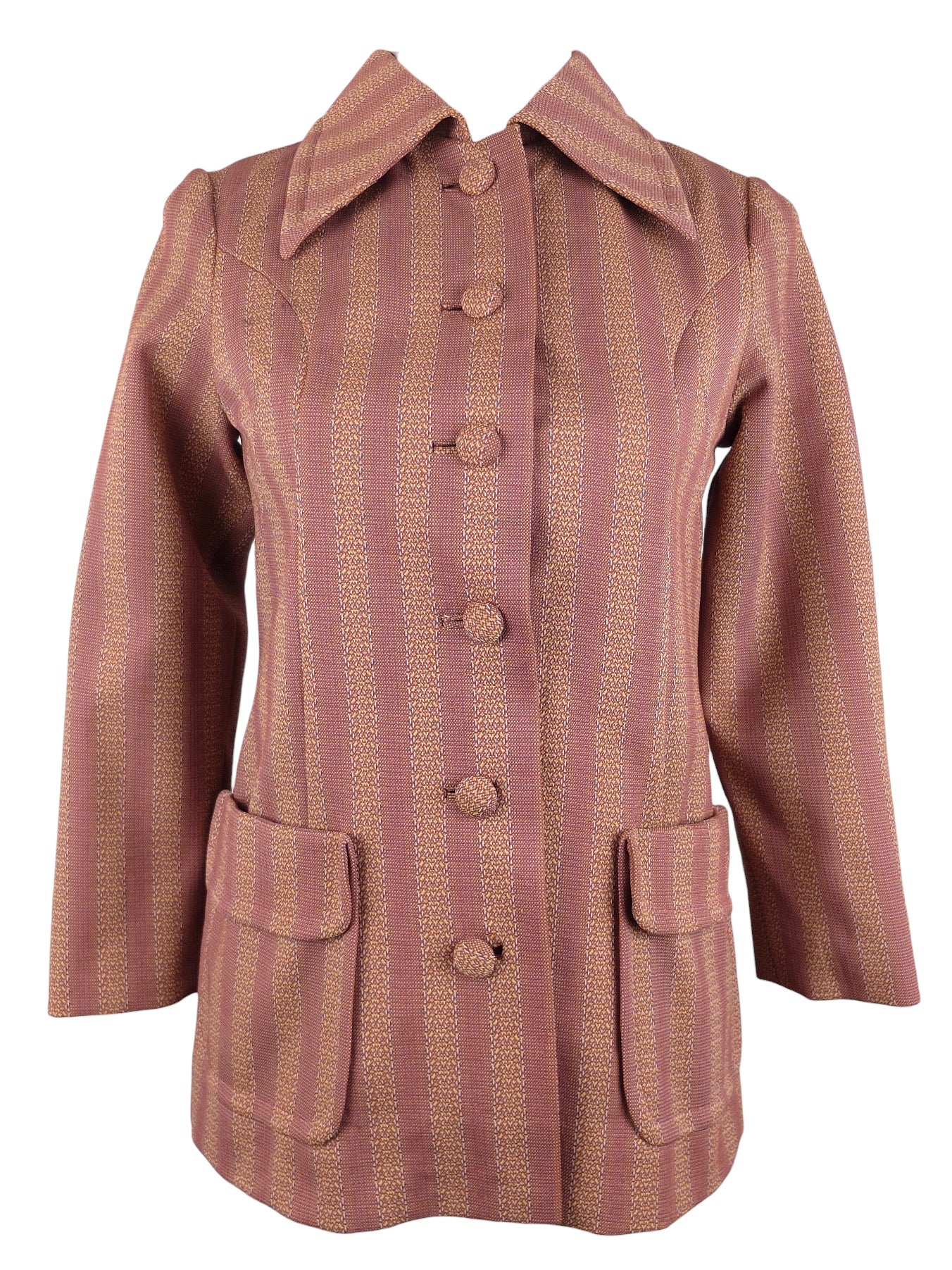 Vintage 70s Mod Psychedelic Dusty Rose Pink Striped Dagger Collared Button Down Blazer Jacket