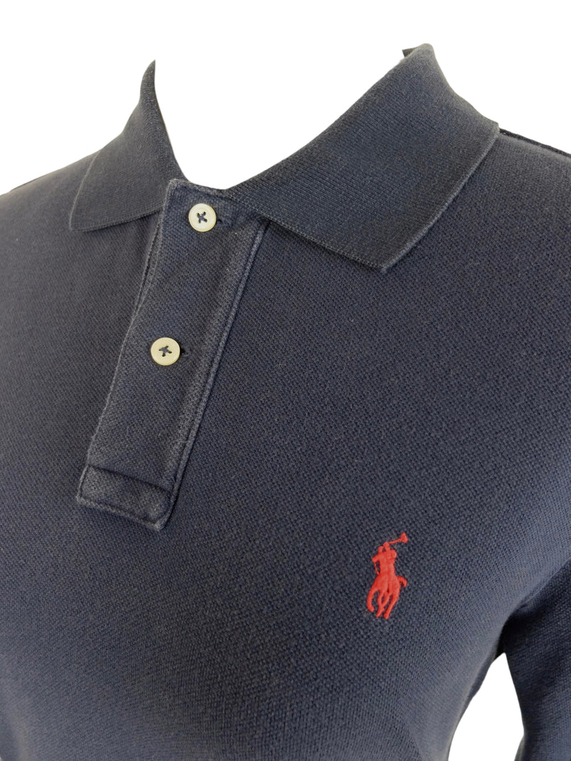 Vintage 90s Y2K Polo Ralph Lauren Preppy 1/4 Button Down Logo Solid Basic Dark Navy Blue Collared Long Sleeve Fitted Polo Shirt