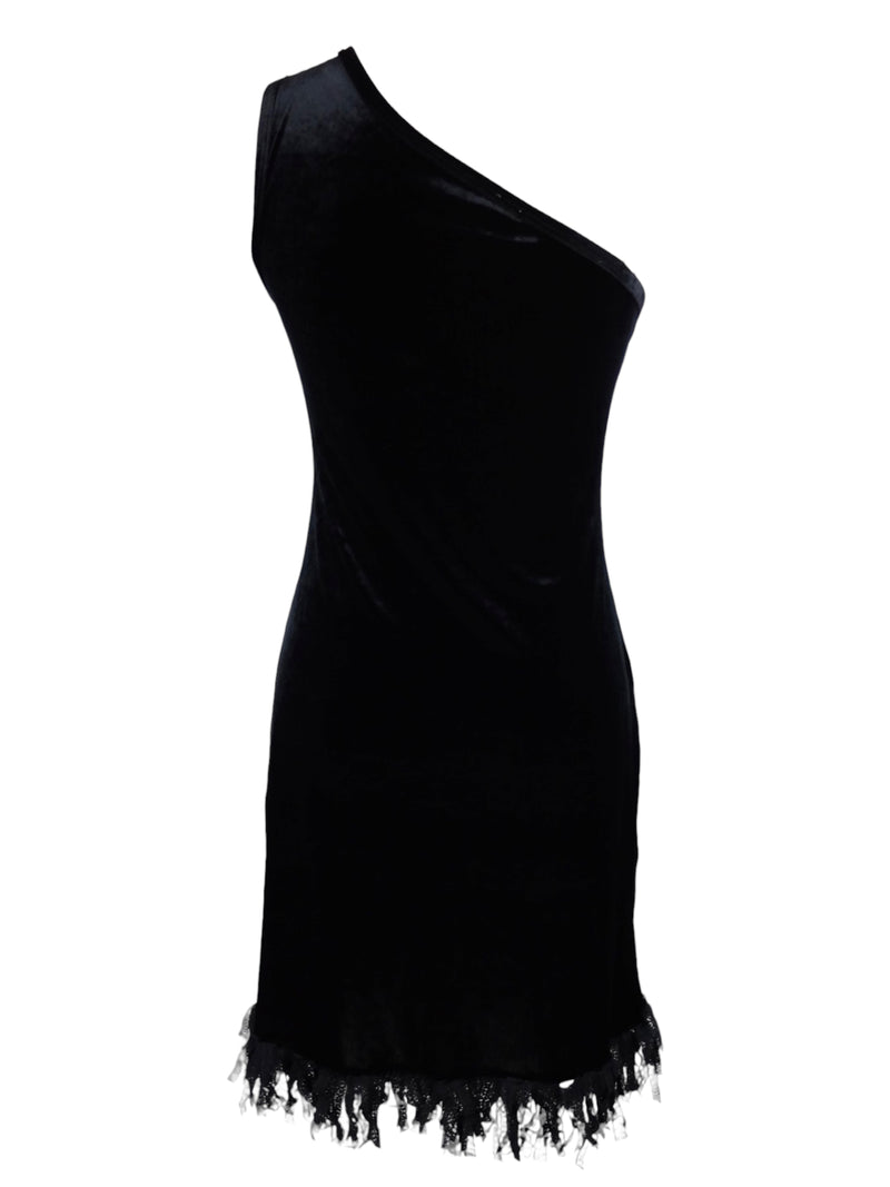 Vintage 90s Y2K Soft Grunge Gothic Formal Black Velvet One Shoulder Asymmetrical Fitted Knee Length Mini Midi Dress with Lace Ribbon Fringe Hem | Size Vintage 90s Y2K Soft Grunge Gothic Formal Black Velvet One Shoulder Asymmetrical Fitted Knee Length Mini Midi Dress with Lace Ribbon Fringe Hem | Size