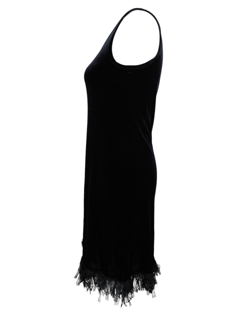 Vintage 90s Y2K Soft Grunge Gothic Formal Black Velvet One Shoulder Asymmetrical Fitted Knee Length Mini Midi Dress with Lace Ribbon Fringe Hem | Size S