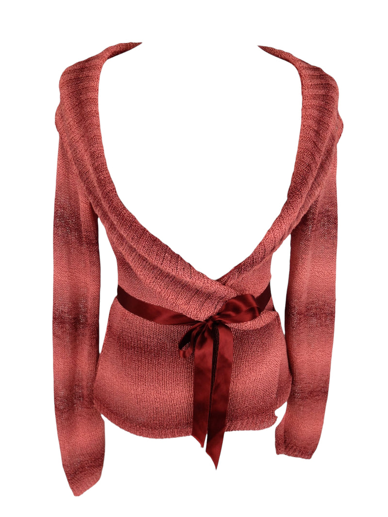 Vintage 2000s Y2K Chic Bohemian Preppy Balletcore Pink & Burgundy Maroon Red Ombre Knit Cowl Neck Slouchy Cardigan Sweater with Silky Satin Ribbon Tie