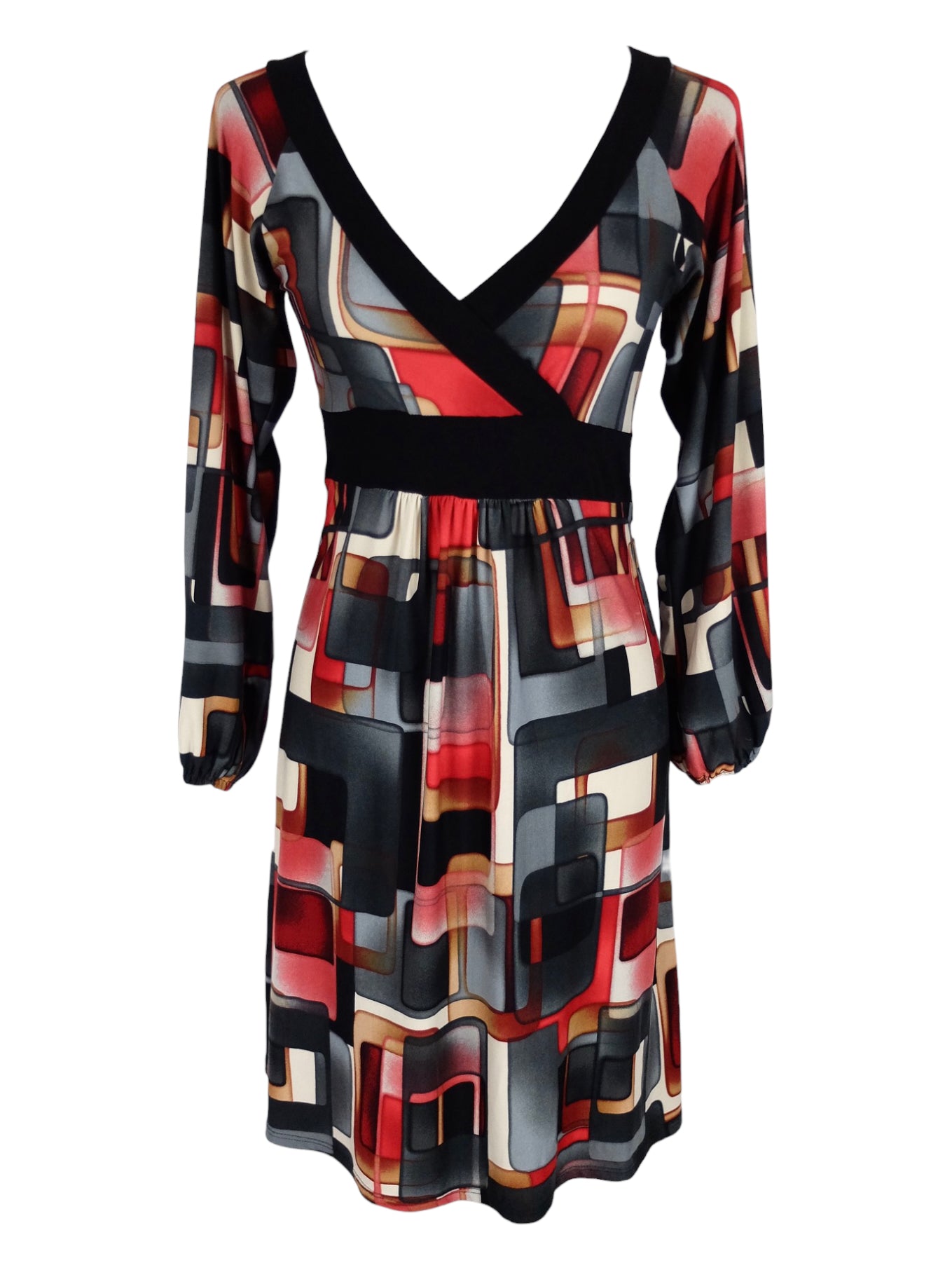 Vintage 2000s Y2K Mod Chic Formal Minimalist Red & Grey Abstract Geometric Print V-Neck Long Sleeve Knee Length Mini Maxi Dress | Size M