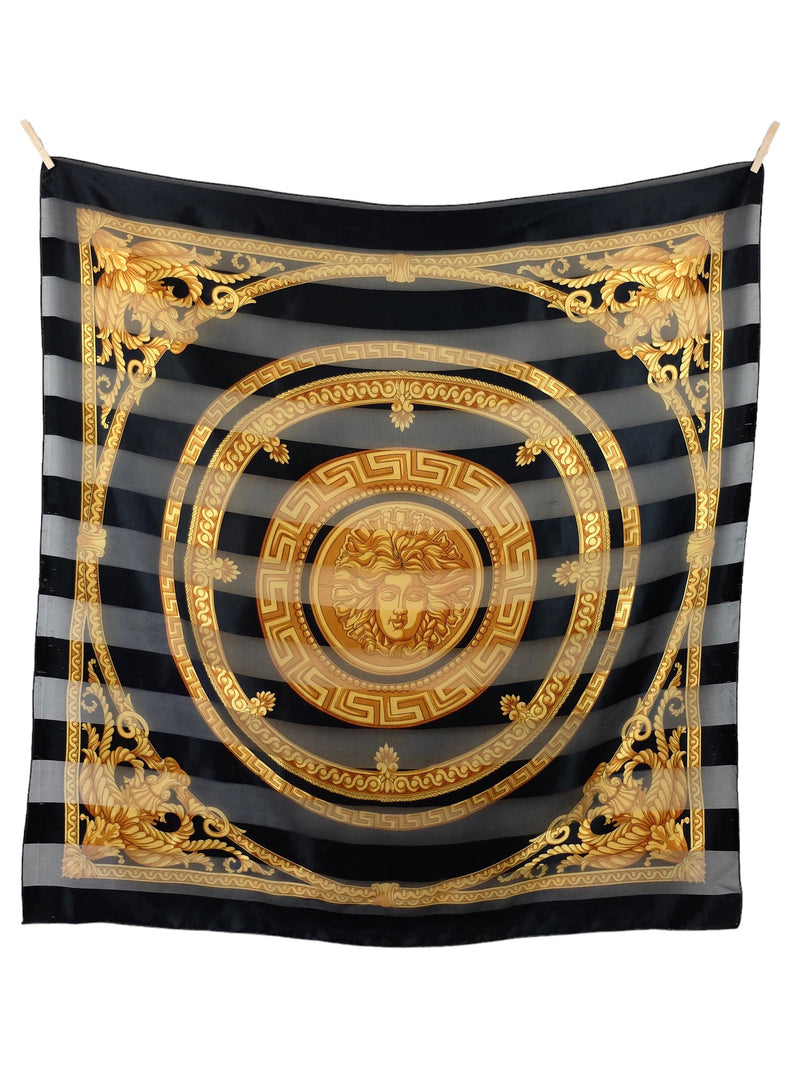 Vintage 90s Chic Avant-Garde Baroque Striped Print Black & Gold Large Square Bandana Neck Tie Scarf