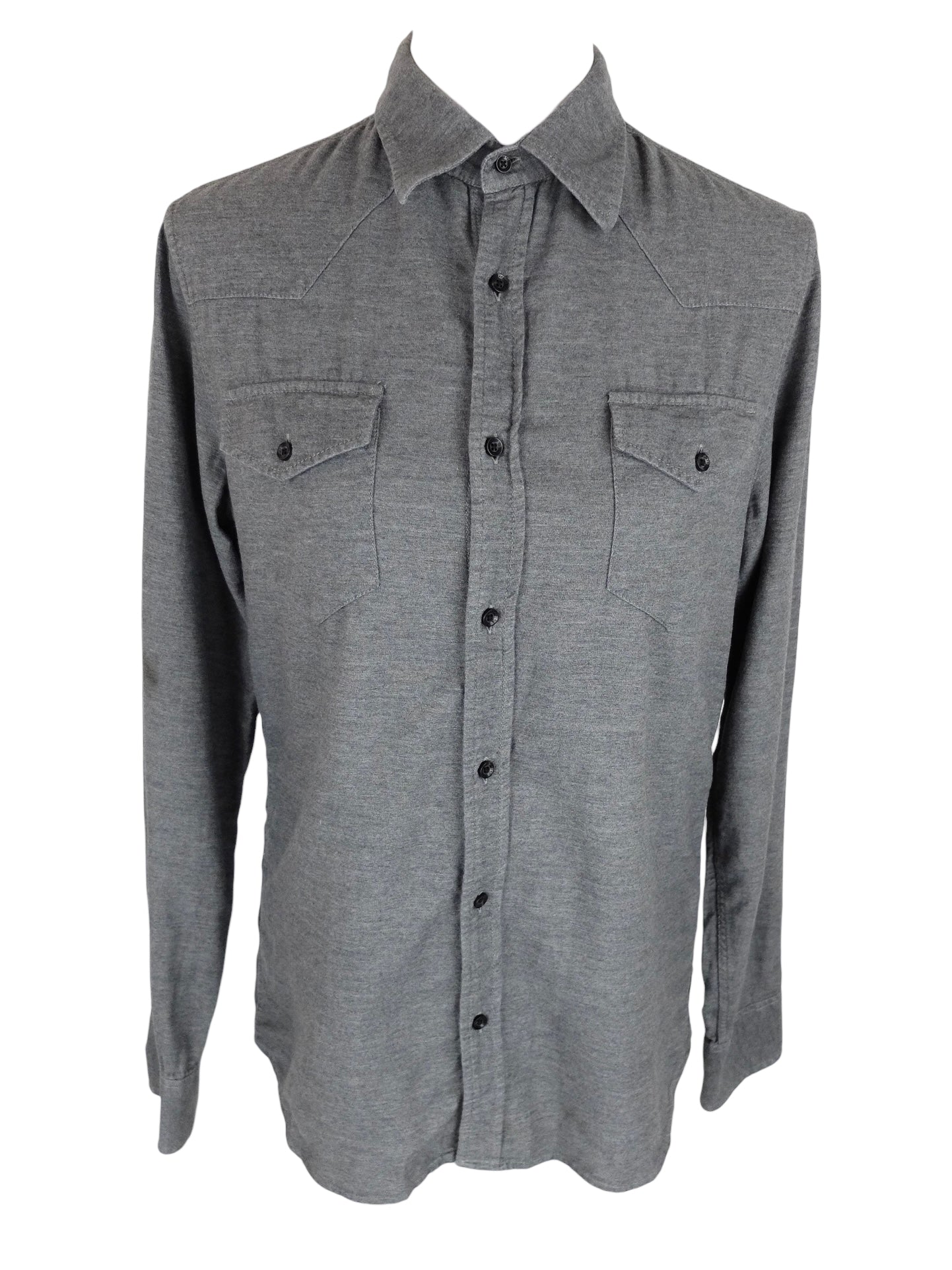 Vintage 2000s Men’s Peak Performance Streetwear Minimalist Preppy Casual Solid Grey Slim Fit Collared Long Sleeve Button Up Shirt