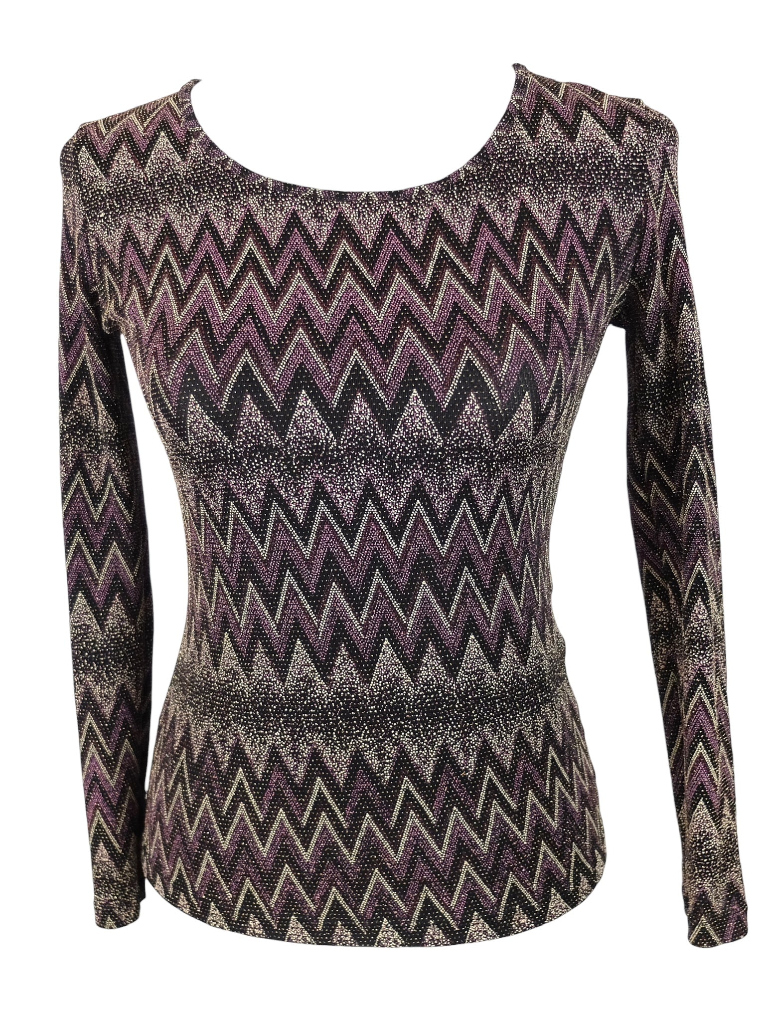 Vintage 2000s Y2K Metallic Purple & Black Chevron Zig Zag Patterned Long Sleeve Blouse