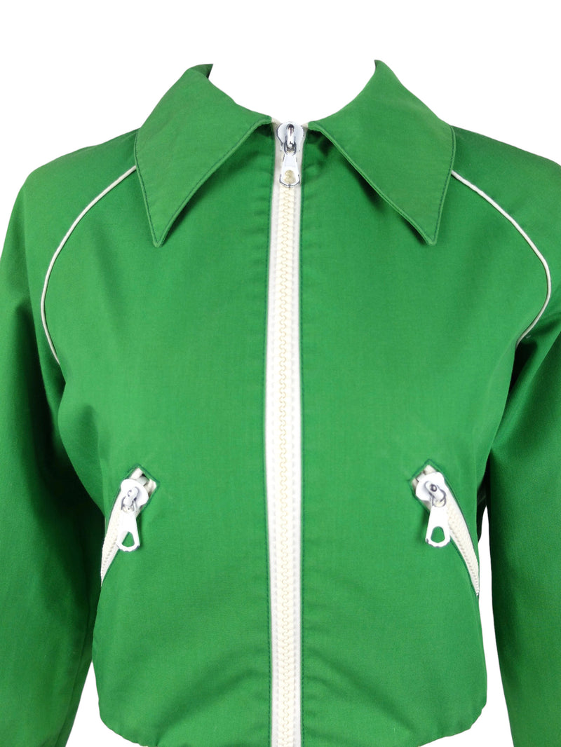 Vintage 60s Mod Psyschedelic Retro Bright Green & White Athletic Streetwear Fitted Dagger Collared Zip Up Canvas Track Jacket | Size XXS-XS