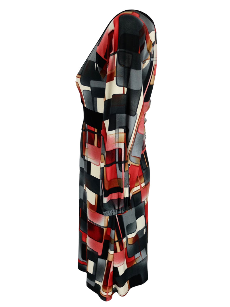 Vintage 2000s Y2K Mod Chic Formal Minimalist Red & Grey Abstract Geometric Print V-Neck Long Sleeve Knee Length Mini Maxi Dress | Size M Vintage 2000s Y2K Mod Chic Formal Minimalist Red & Grey Abstract Geometric Print V-Neck Long Sleeve Knee Length Mini Maxi Dress | Size M