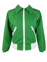 Vintage 60s Mod Psyschedelic Retro Bright Green & White Athletic Streetwear Fitted Dagger Collared Zip Up Canvas Track Jacket | Size XXS-XS