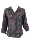 Vintage 2000s Y2K Boho Black & Purple Floral Collared 3/4 Sleeve Button Up Shirt with Ruching Detail