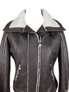 Vintage 2000s Y2K Moto Brown & Cream Faux Shearling Fleece Zip Up Faux Leather Jacket with Buckle Details