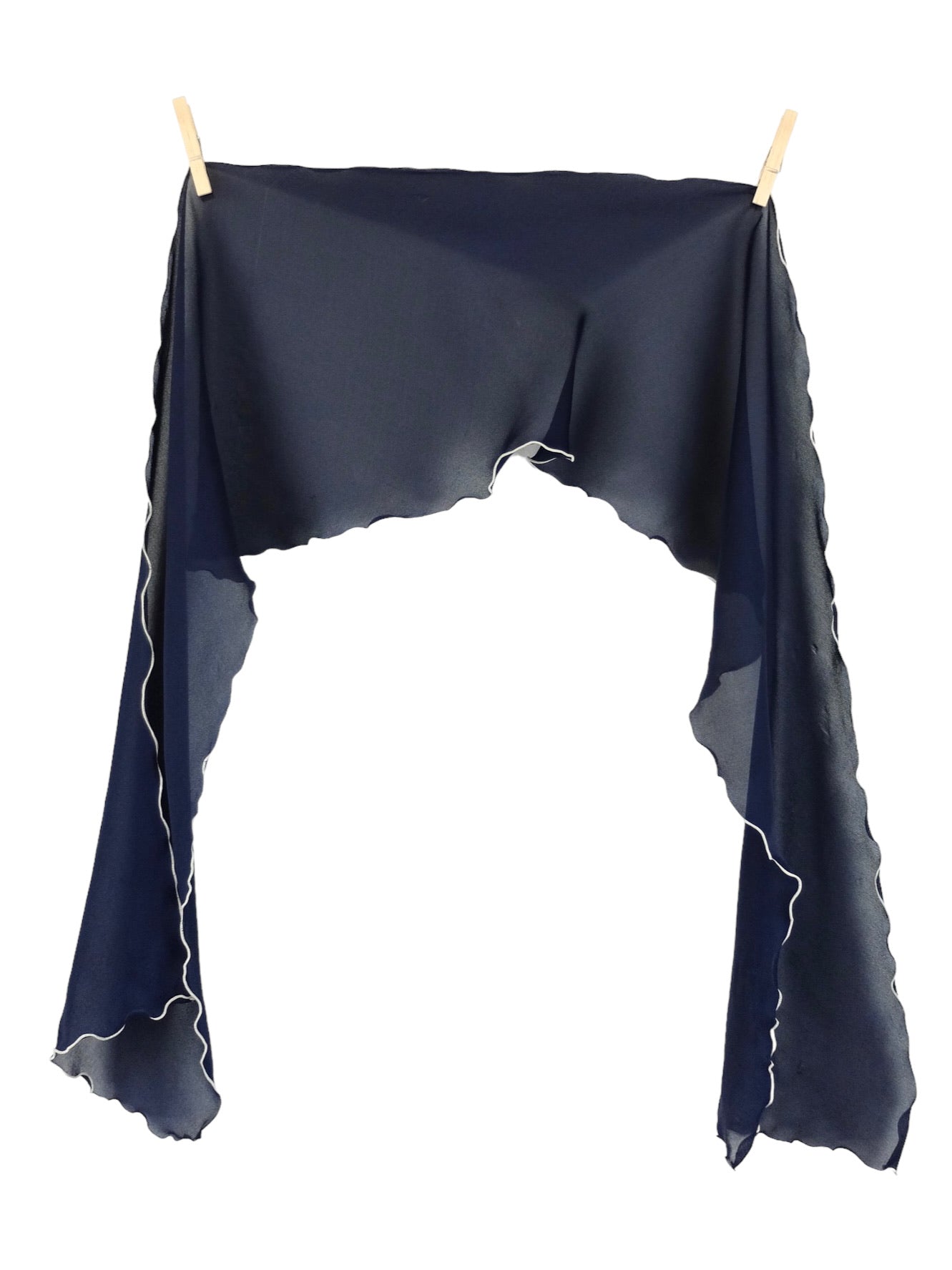 Vintage 2000s Y2K Navy Blue Sheer Chiffon Solid Basic Wide Long Neck Tie Shawl Wrap Scarf with Ruffle Lettuce Hem