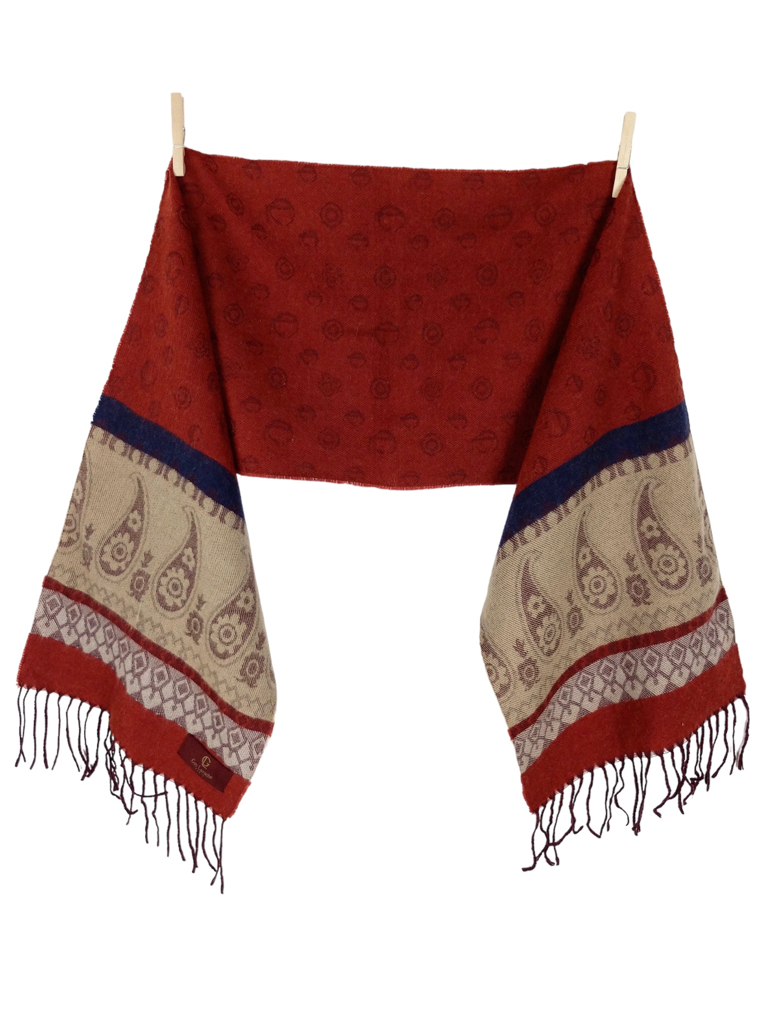 Vintage 90s Guy Laroche Wool Blend Bohemian Hippie Paisley Abstract Patterned Long Wide Shawl Wrap Winter Scarf with Fringe