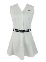 Vintage 80s Lacoste Preppy White Crimplene Sleeveless Tennis A-Line Circle Mini Dress with Striped Elasticated Buckle Belt