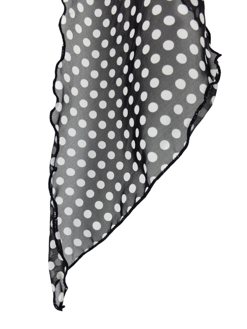 Vintage 2000s Y2K Mod Pinup Style Chic Black & White Polka Dot Long Wide Neck Tie Scarf with Ruffled Lettuce Hem