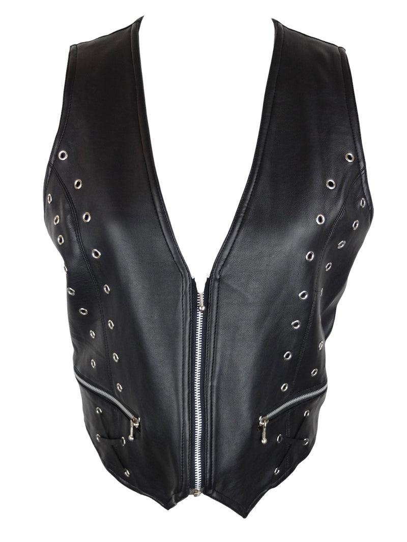 Vintage 90s Y2K Grunge Gothic Black Leather Zip Up V-Neck Moto Waistcoat Vest with Grommets & Back Lace Up Detail