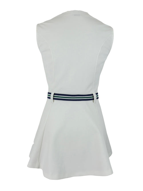 Vintage 80s Lacoste Preppy White Crimplene Sleeveless Tennis A-Line Circle Mini Dress with Striped Elasticated Buckle Belt