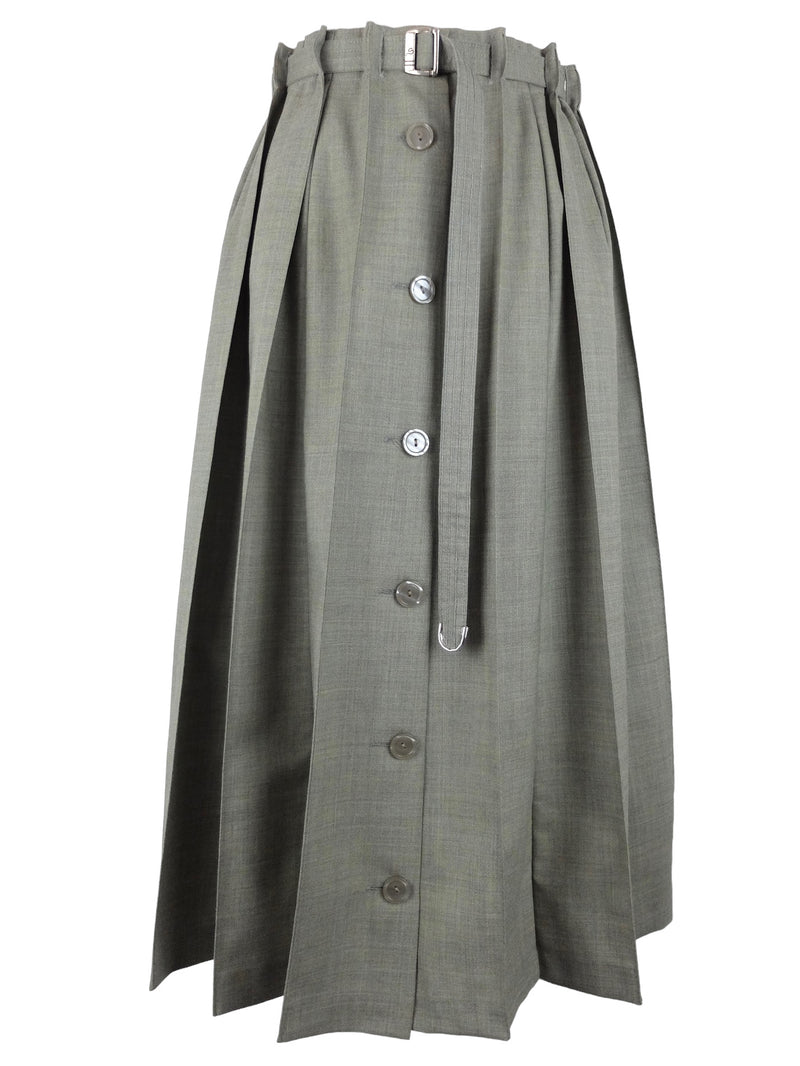 Vintage 80s Wool Mod Chic High Waisted Khaki Green Pleated Button Down Maxi Skirt with Belt