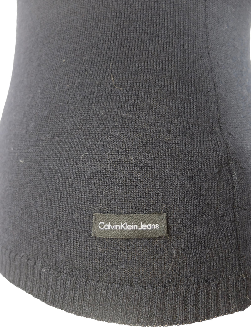 Vintage 2000s Y2K Calvin Klein Jeans Navy Blue Wool Fitted V-Neck Sweater Pullover | Size XS