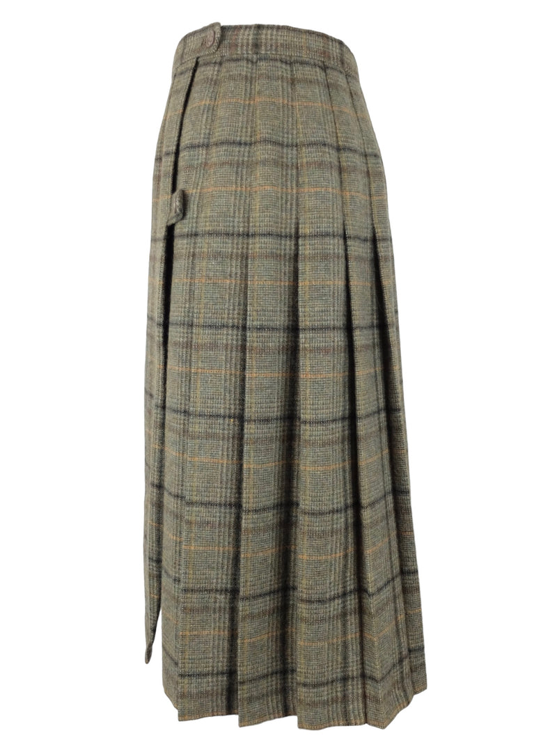 Vintage 60s Mod Chic Academia Schoolgirl Style Wool Khaki Green Plaid Check Print A-Line Pleated Midi Wrap Skirt