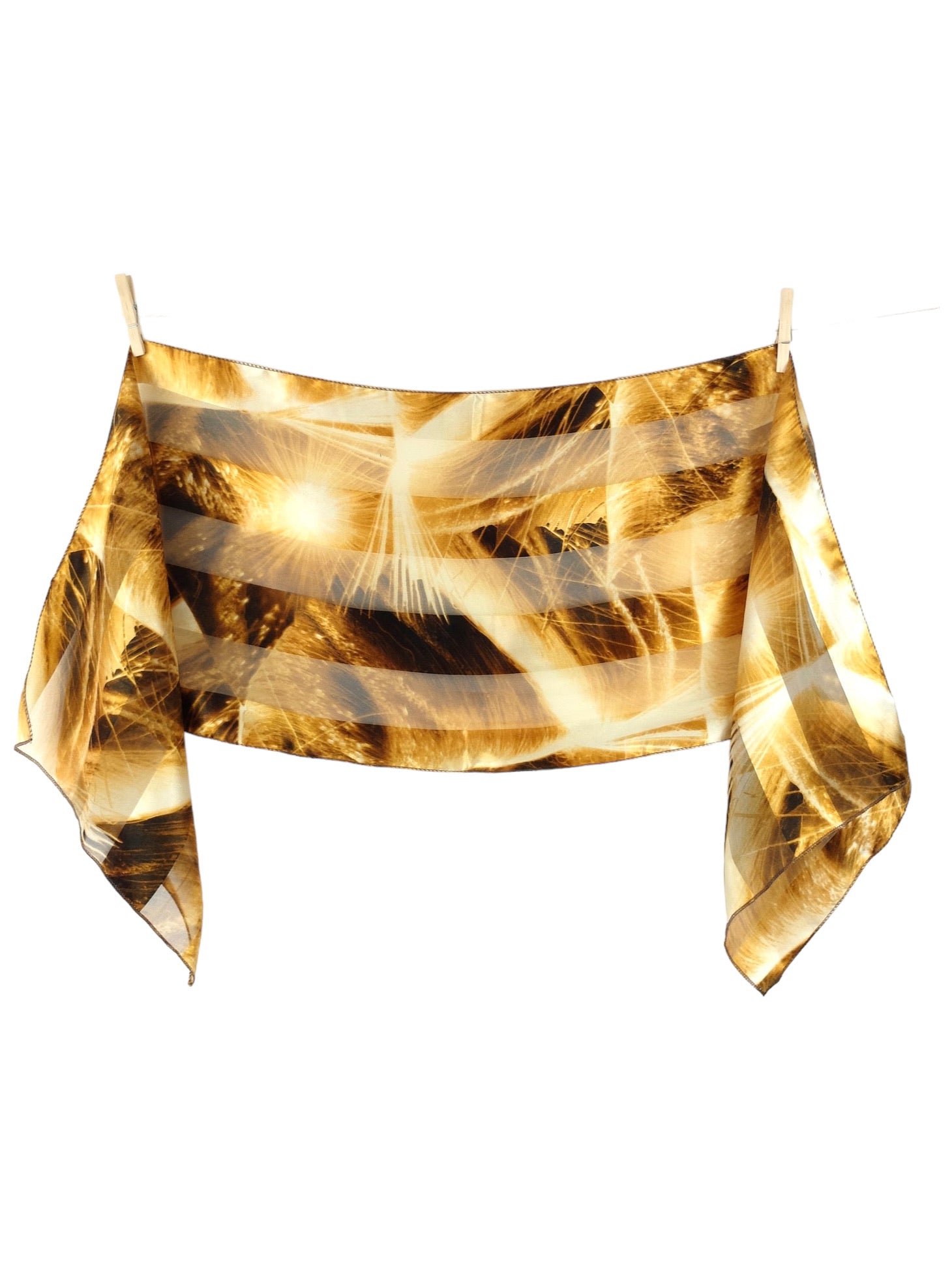 Vintage 90s Chic Avant-Garde Futuristic Gold & Brown Abstract Patterned Long Wide Shawl Neck Tie Scarf
