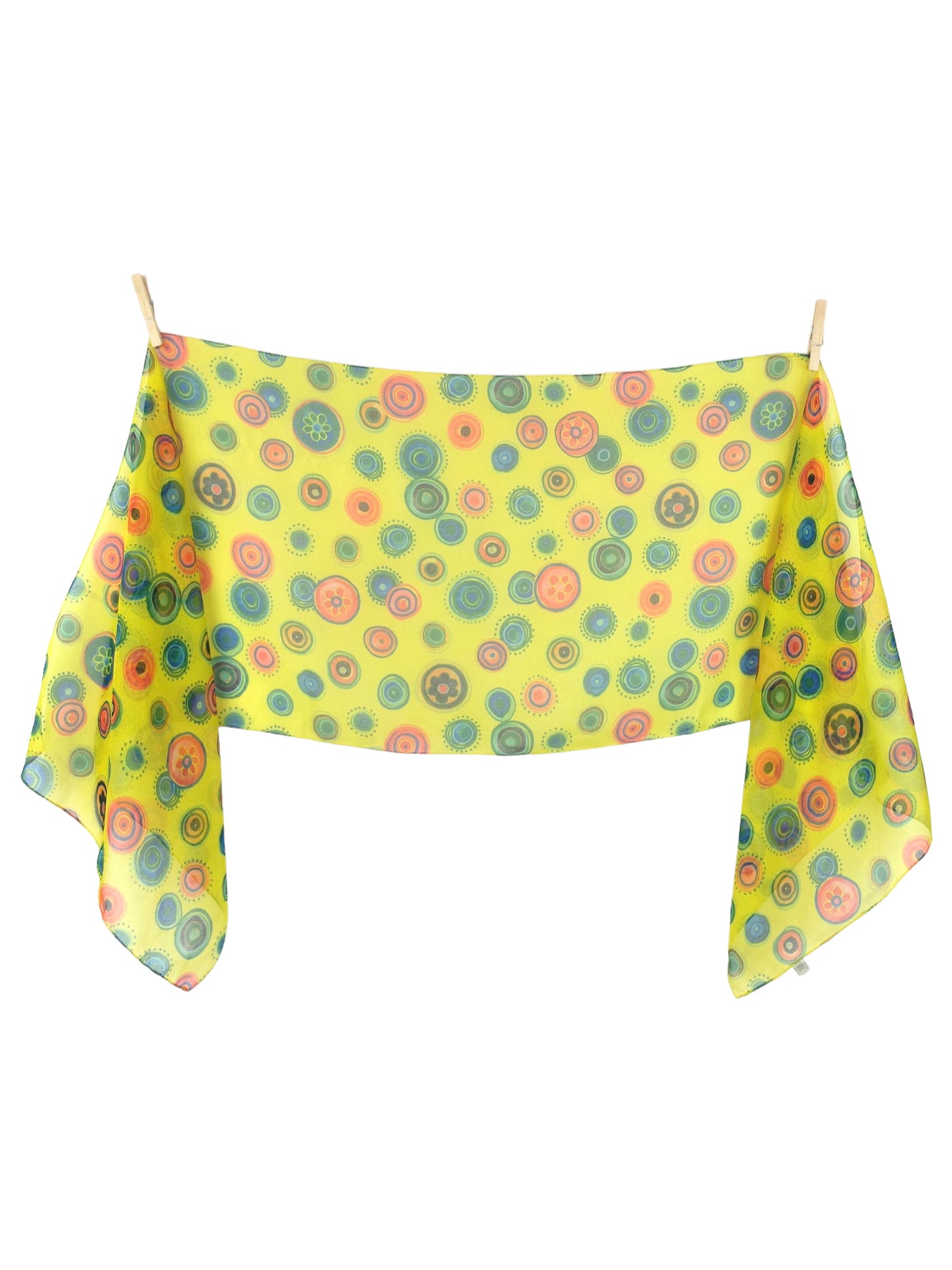 Vintage 2000s Y2K Funky Abstract Patterned Yellow & Multicoloured Chiffon Wide Long Neck Tie Scarf